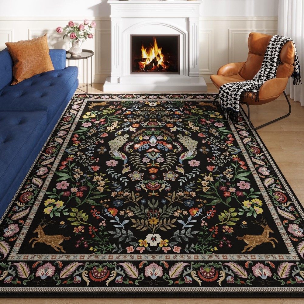 Living Room Rug 6x9 Rug Machine Washable Area Rug Floral Non-Slip Low Pile La...