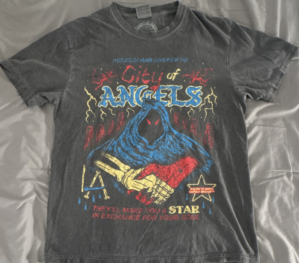 Wizard of Barge City of Angels Graphic Print Black Cotton T-Shirt Men's Medium