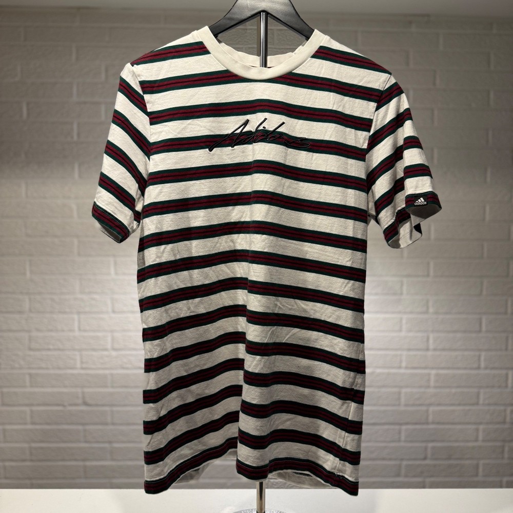 Adidas Striped T Shirt Mens M White Burgundy Green Embroidered Logo Cotton Blen