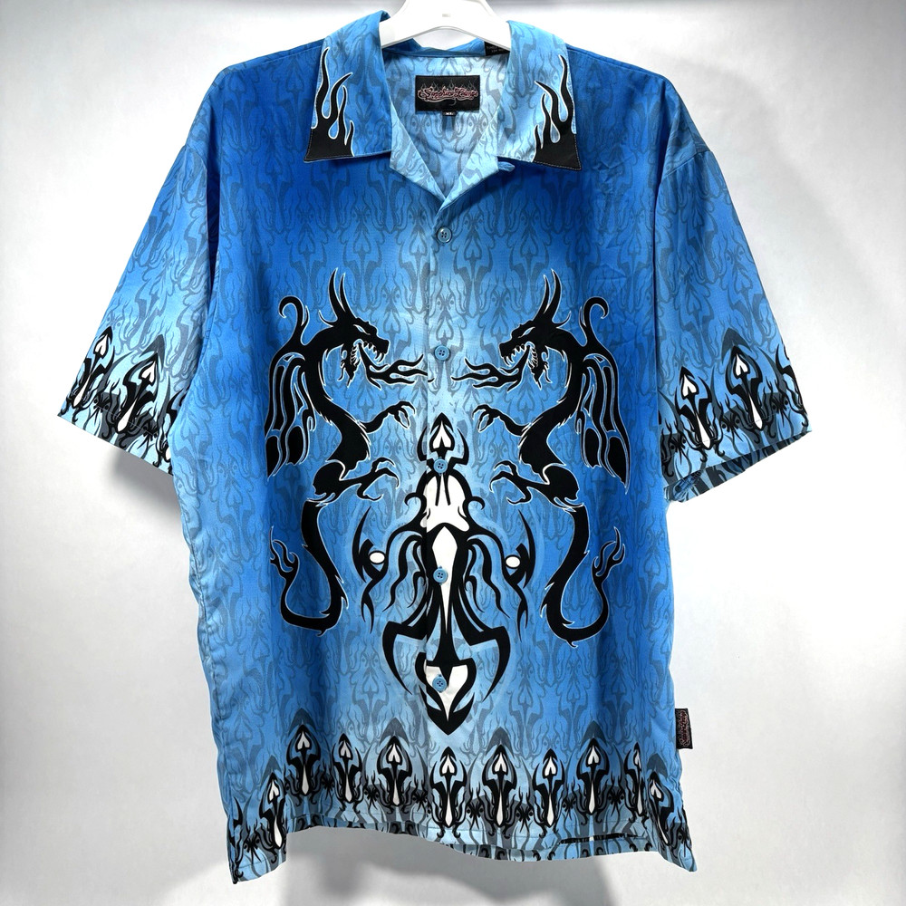 VTG Sapphire Lounge Dragon Flames Blue Button Up Shirt Men's Size XL Y2K