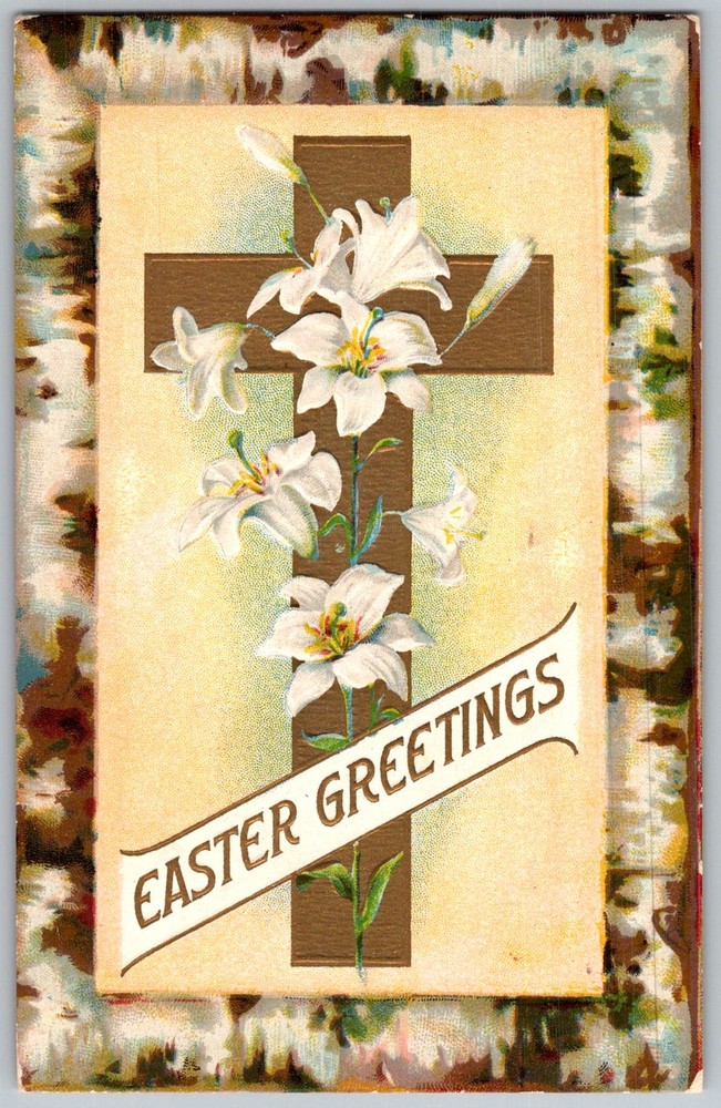 Antique Postcard Easter Lily Cross Greeting 1910s
