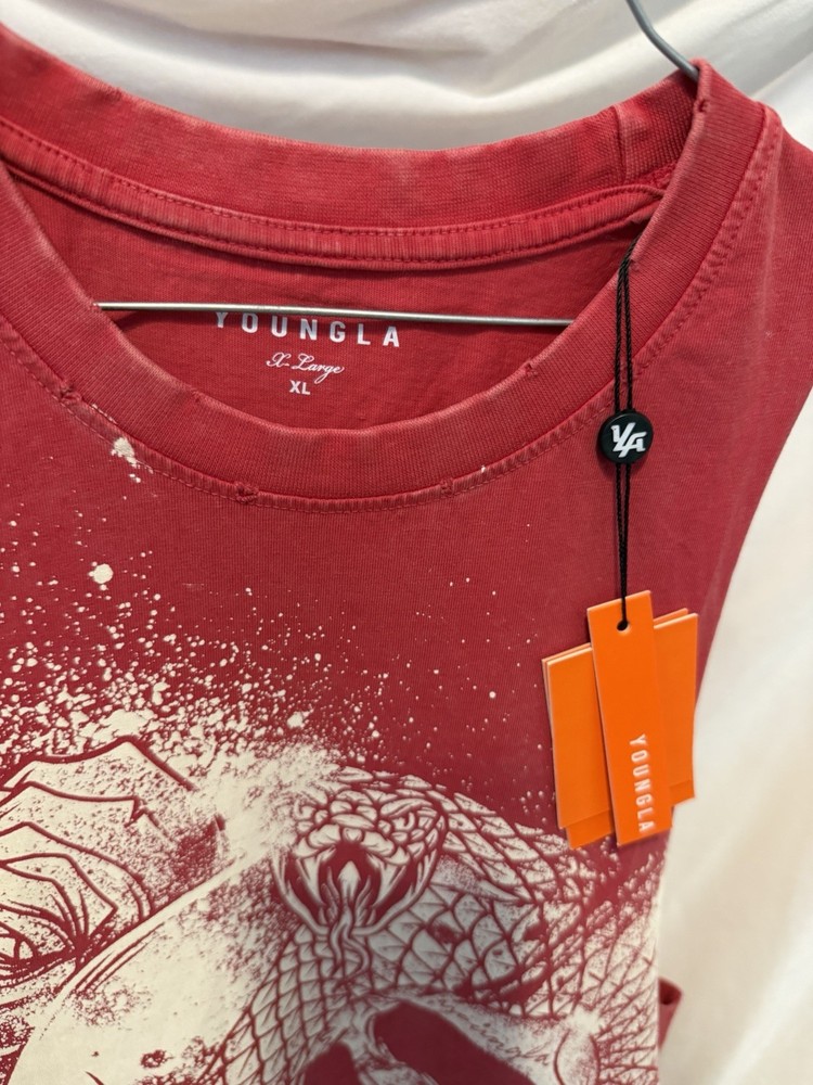 YoungLA Men’s Logo Graphic Print T-Shirt Red Crew Neck Size XL Regular cut-off