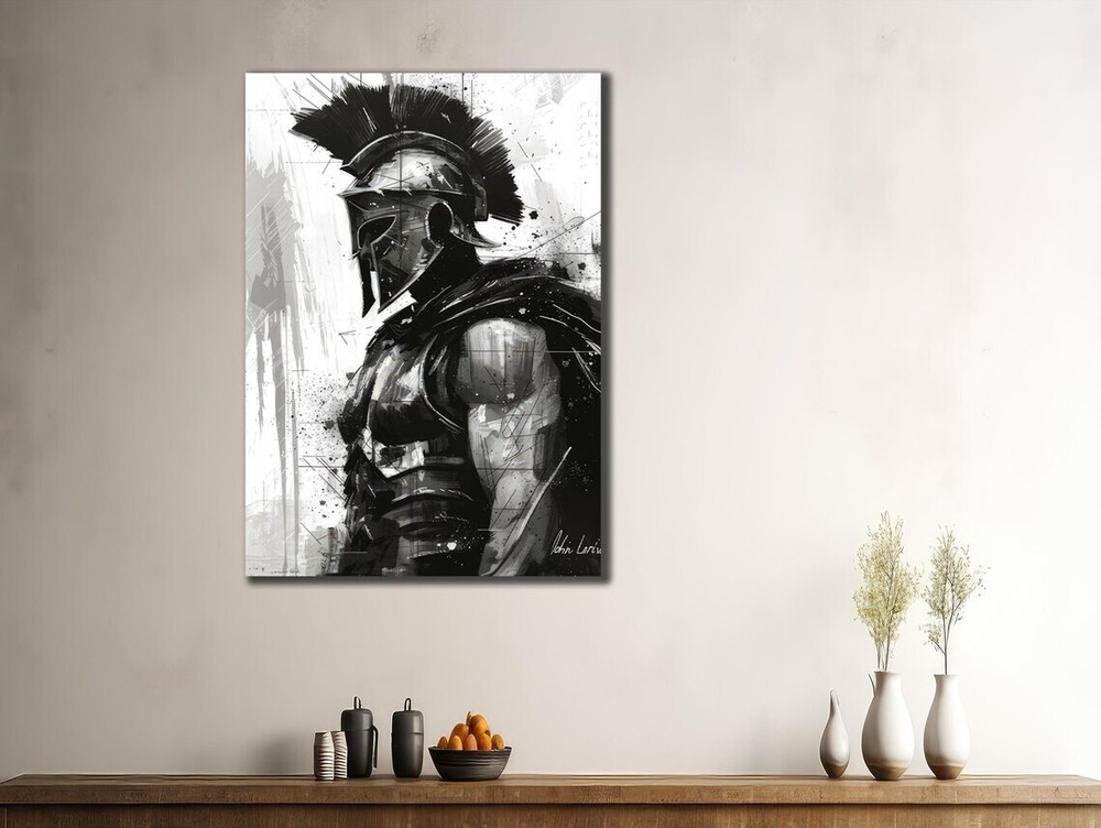 Spartan Warrior Painting Black & White Unframed Canvas Print Australian Wall Art