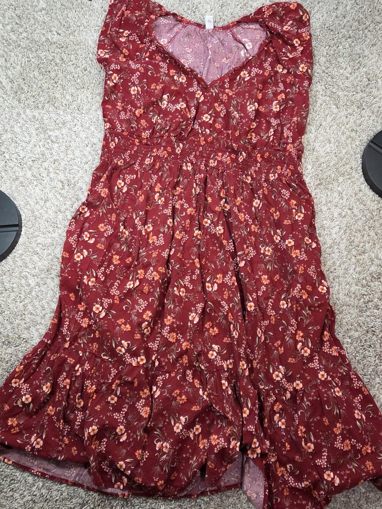 Old Navy Waist Defined Smocked Red Floral Midi Dress Sz 2x Boho Cottagecore