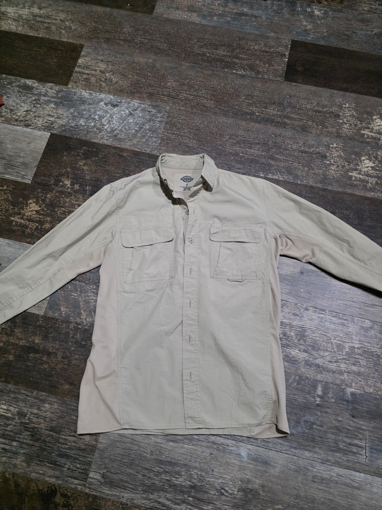 Dickies Mens S Beige Solid Long Sleeve Button-Up Shirt w/ Pockets