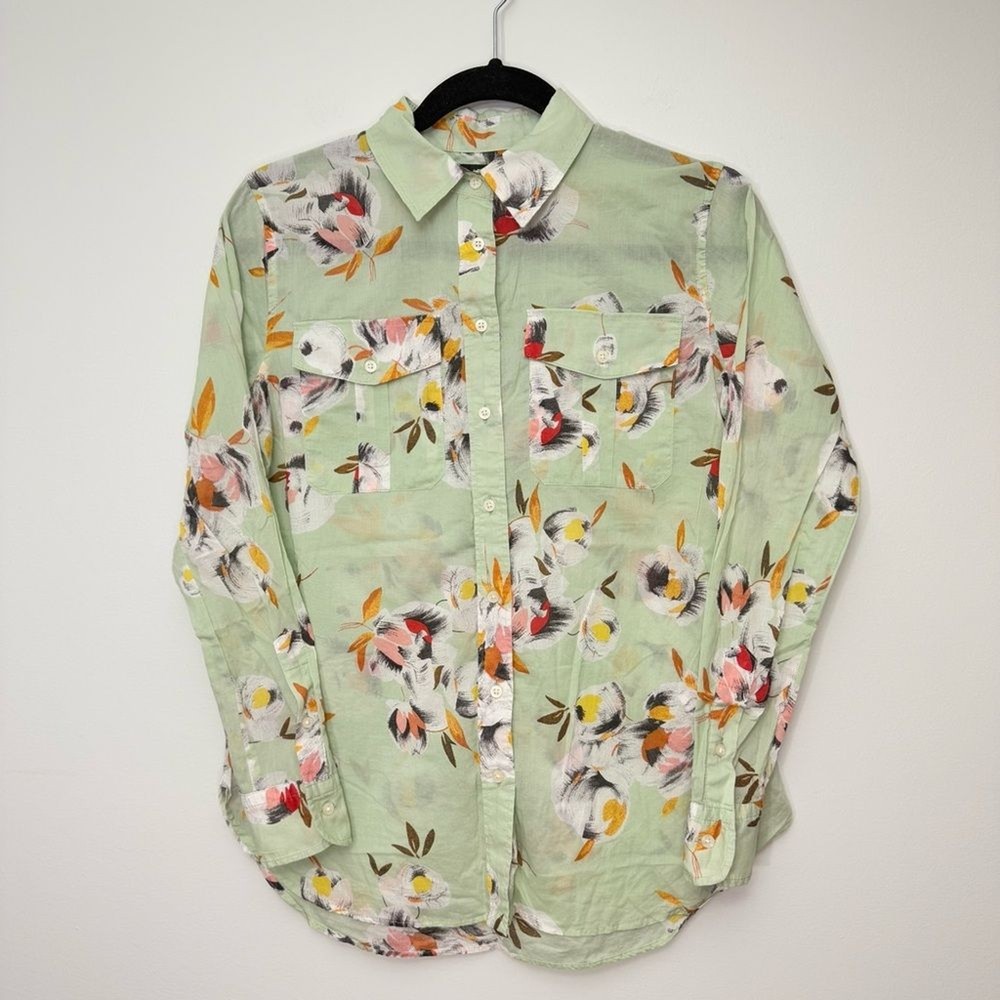 LAUREN  RALPH LAUREN Women's GREEN  FLORAL CAREER SHIRT BLOUSE Small Petite
