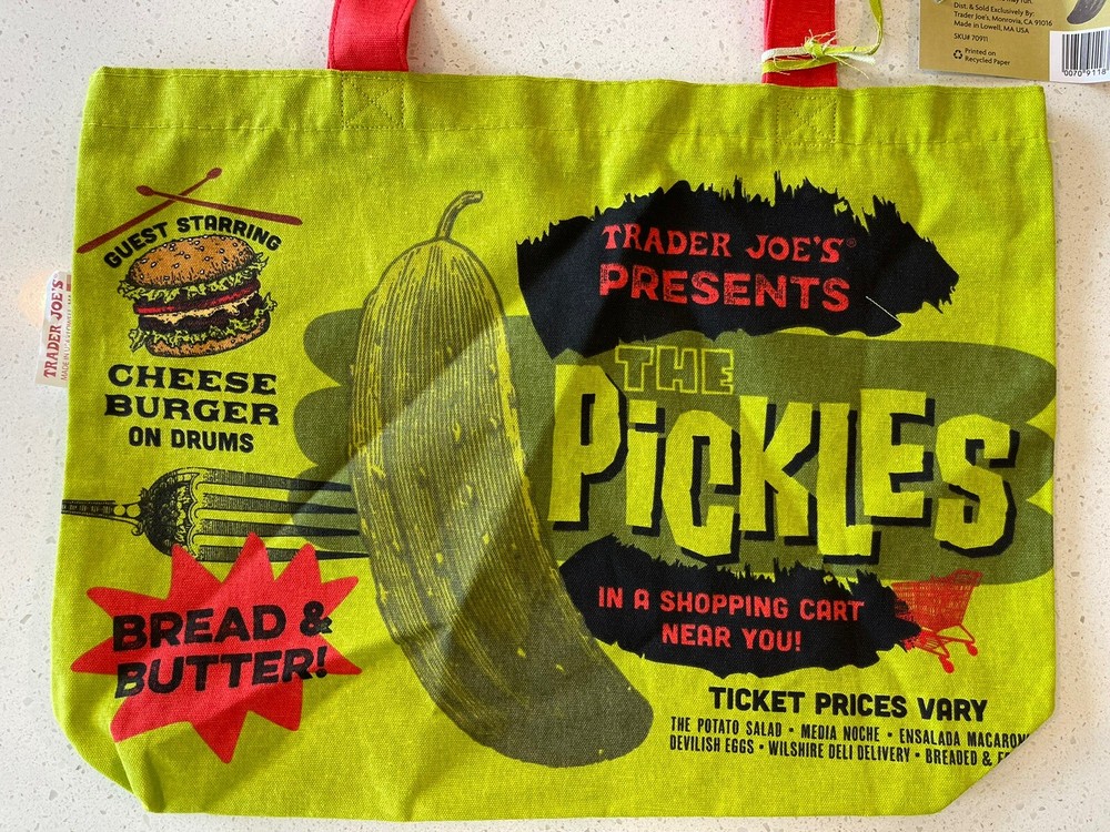 Trader Joe's Reusable Canvas Shopping Bag Tote 2 Sided Pickle In A Jar Print