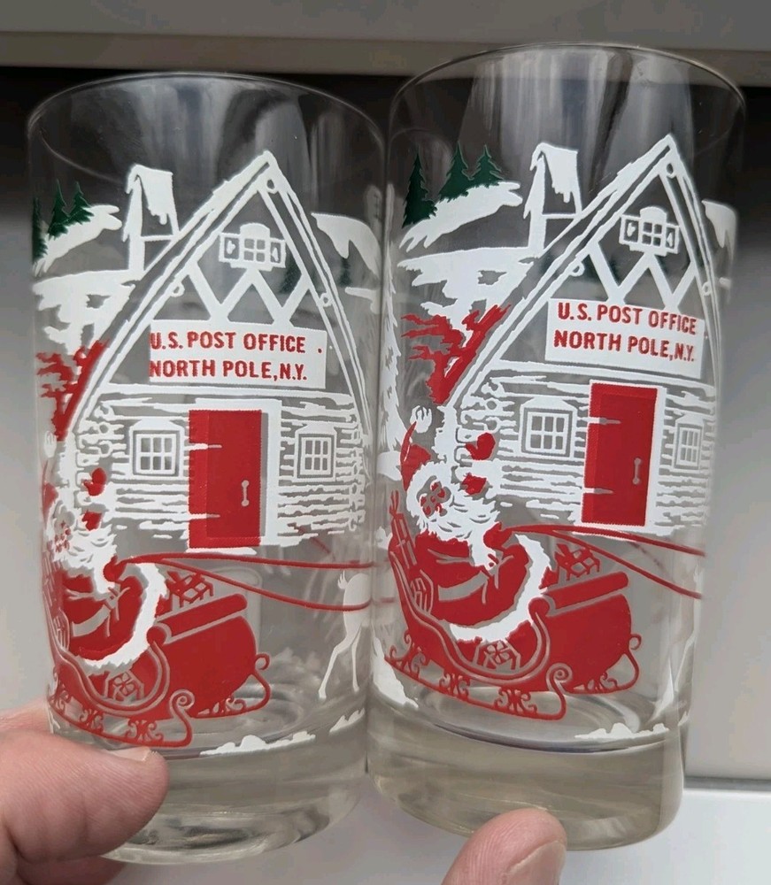 Set 2 Vintage Boscul Santa Claus North Pole NY Glass P Butter 5” Tall Retro MCM