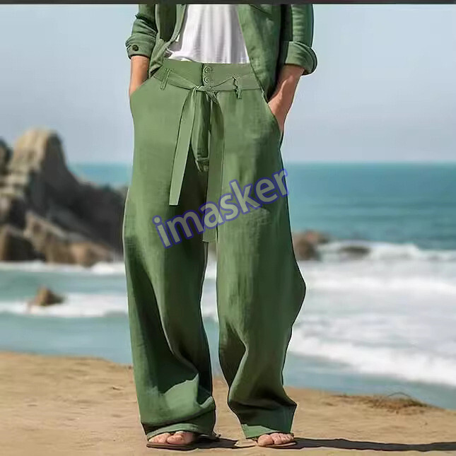 Men's Linen Pants Summer Elastic Waist Straight Leg Solid Color Comfort Trousers