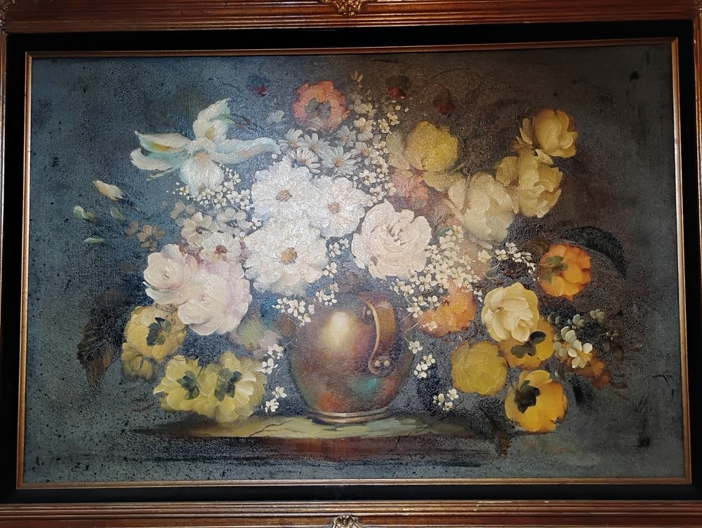 Framed Floral Still Life Oil Painting on Canvas, Medium Size
