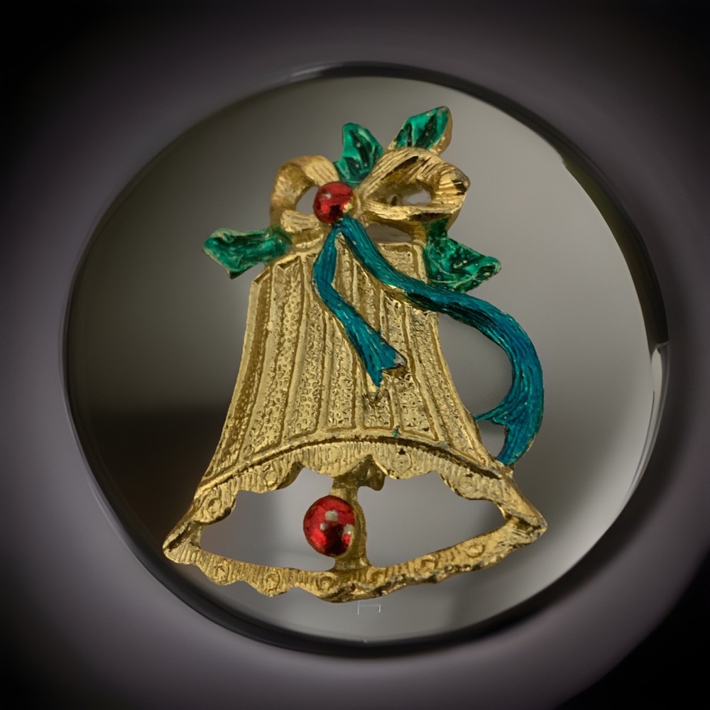 VTG Bell Enamel Bow Holly Leaf Christmas Brooch Pin Red Green Gold Tone Holiday