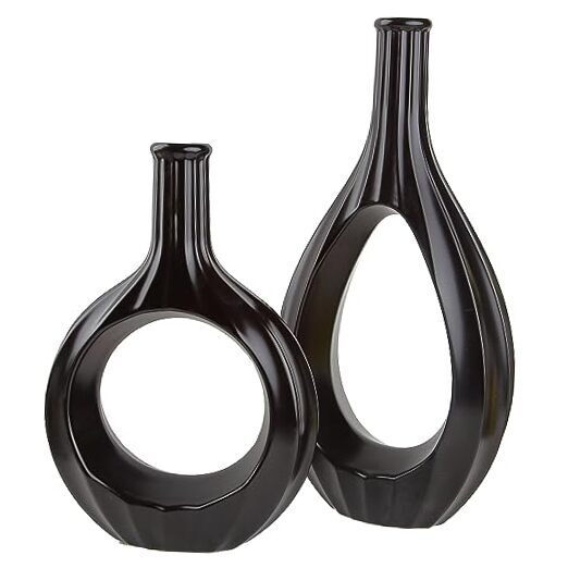 Ceramic Facet-ed Hollow Elliptical Vase Set of 2, Donut Vase for Matte Black