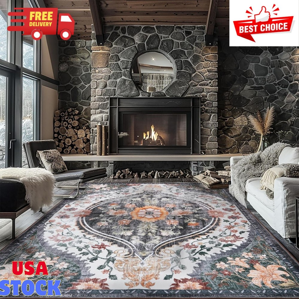 Washable 8x10 Vintage Boho Area Rug for Living Room