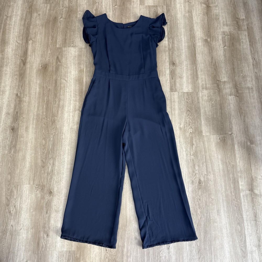 Ann Taylor Women’s Navy Flutter Sleeve Pom Trim Ankle Jumpsuit Sz 12 Wide Leg