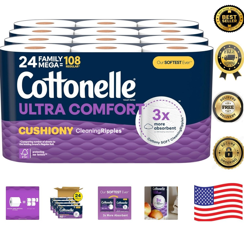 Flushable Cottony Soft Toilet Paper - 24 Family Mega Rolls, Gentle and Absorbent