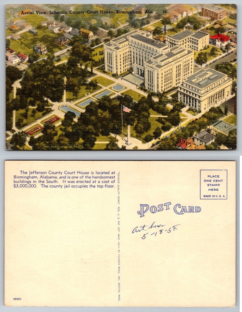 Vintage Linen Postcard: Aerial Jefferson County Courthouse Birmingham AL 1958