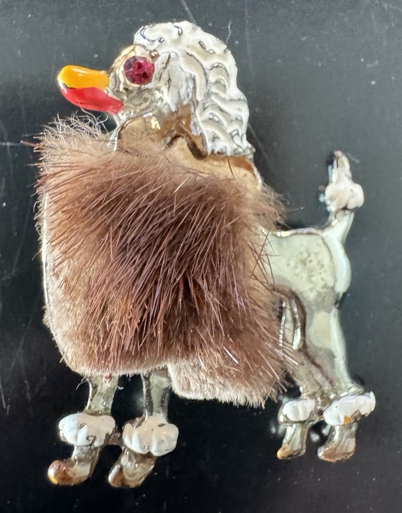 Vintage Costume Jewelry Fancy Poodle Dog Pin Brooch Enamel & Rhinestone