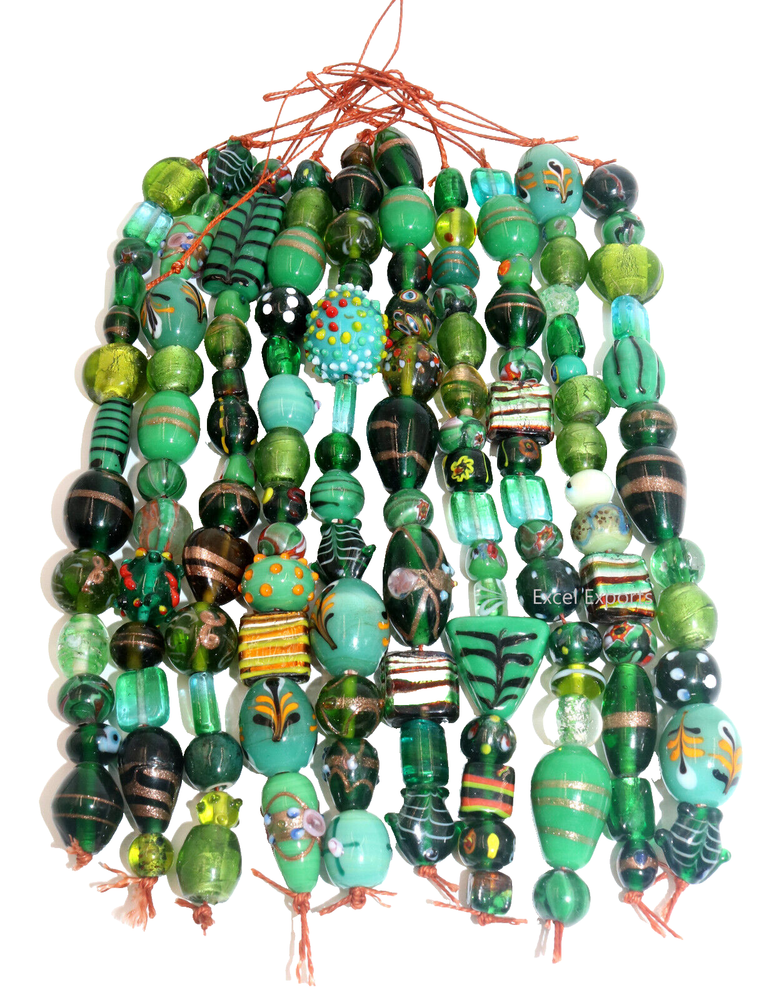 10 Strands Green Lamp Work Glass Beads, Mixed Style and Sizes, Handmade Glass.