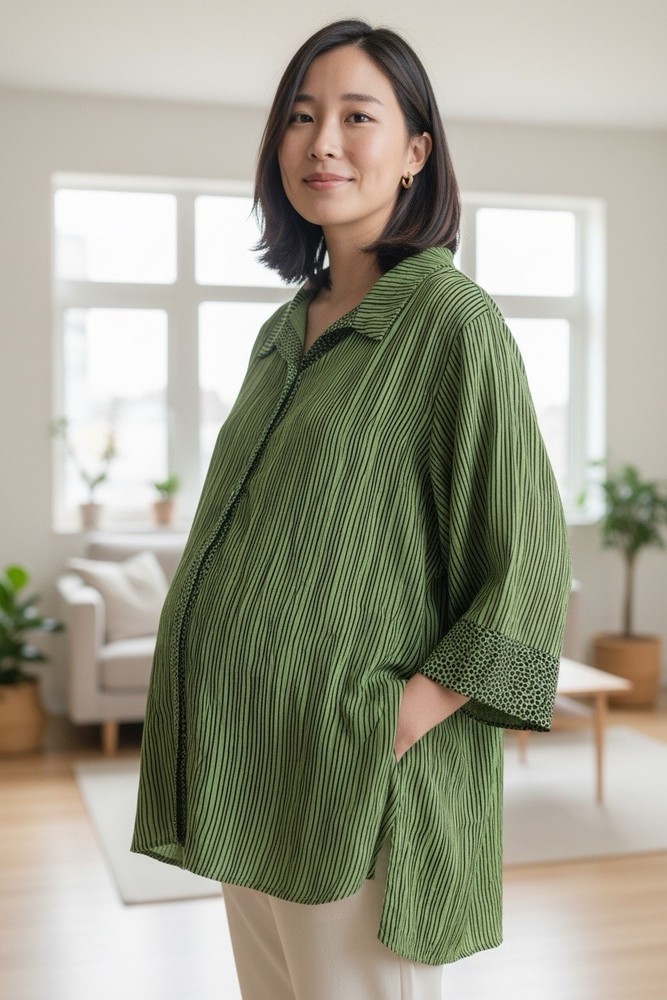 Ali Miles Shirt Womens 2X Green/Black Striped Rayon Art To Wear Button Up Blouse
