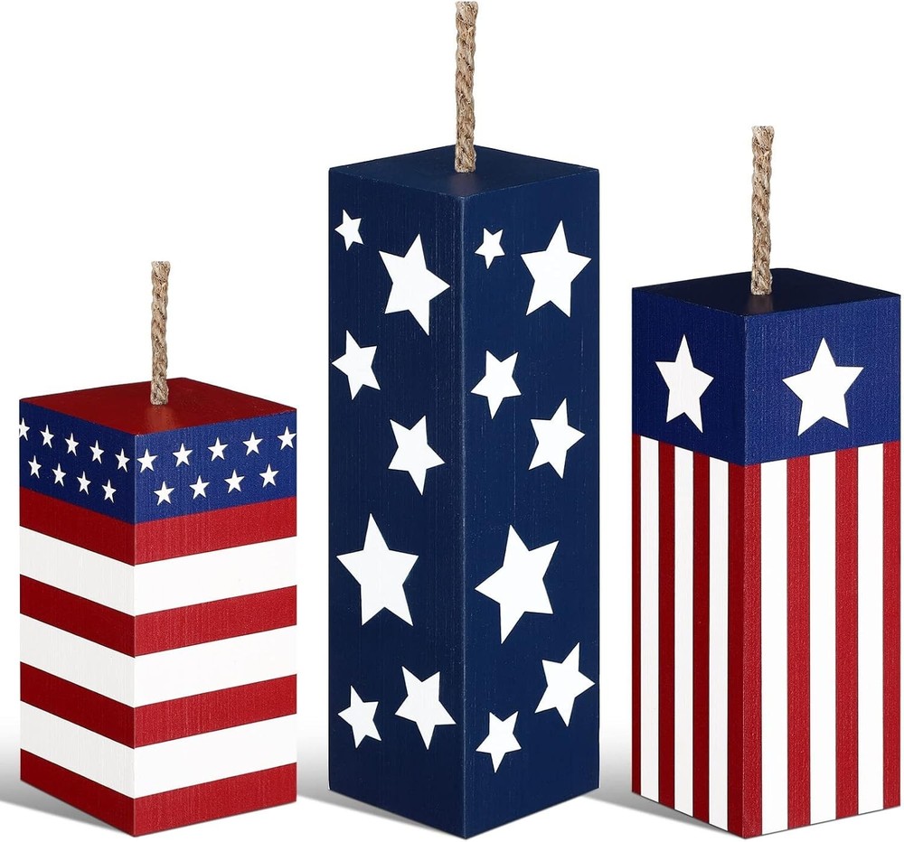 3 Pcs 4Th of July Wood Firecracker Decorations Patriotic Table Centerpieces Glit