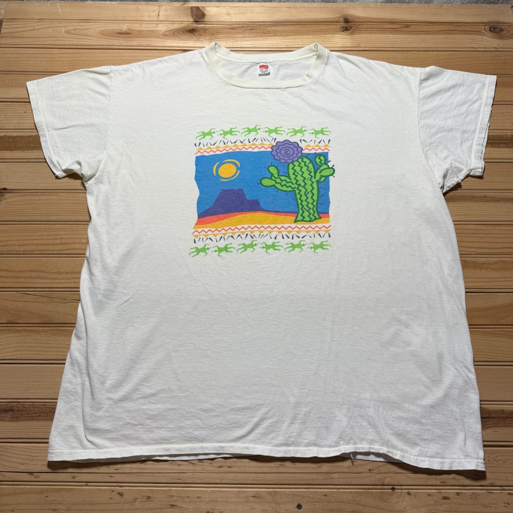 Vintage 90s Desert Cactus Lizard Southwestern Graphic T-Shirt USA Made 4XL Long