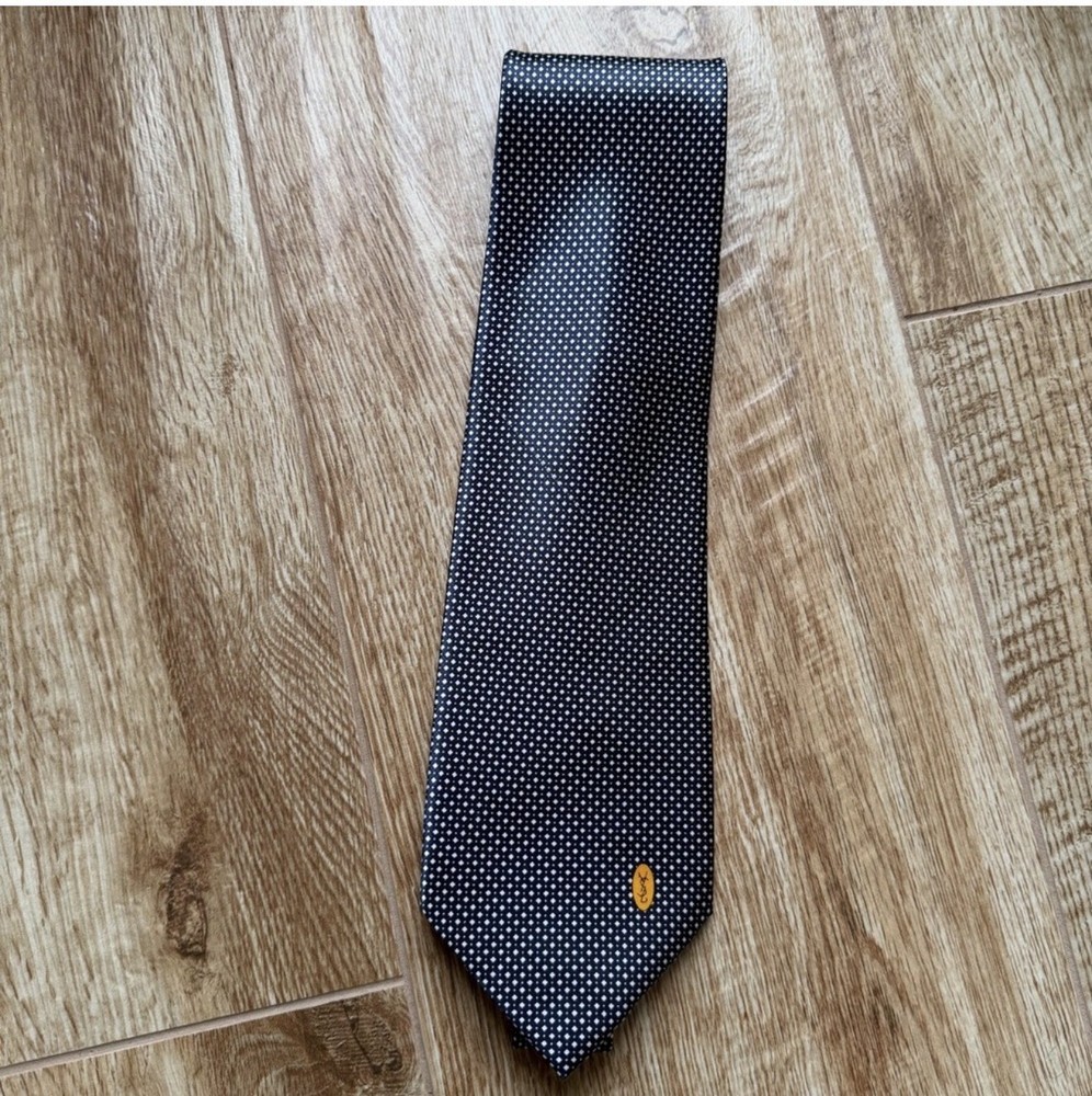 Yves Saint Laurent Men's Designer Tie Navy White Geometric 100% Silk Handmade
