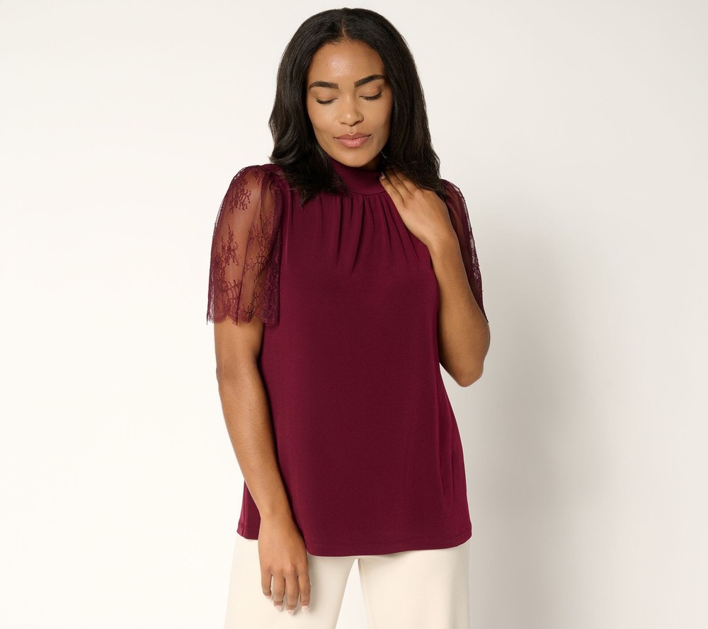 Susan Graver Women's Top Sz XL Occasions Liquid Knit Mock Neck w Lace Red