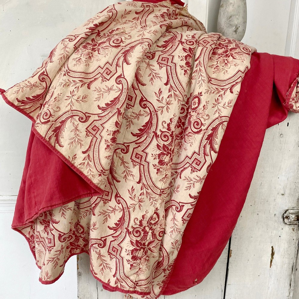 Toile red antique French bedcover distressed timeworn mended bed cover coverlet