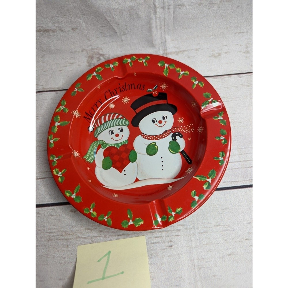 Vintage Snowman Christmas Tin Ashtray Trinket McCrory Corp Made Hong Kong 5.5