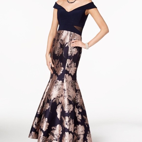 XSCAPE V-Neck Off Shoulder Navy & Floral Brocade Mermaid Gown Size 6 Long Dress