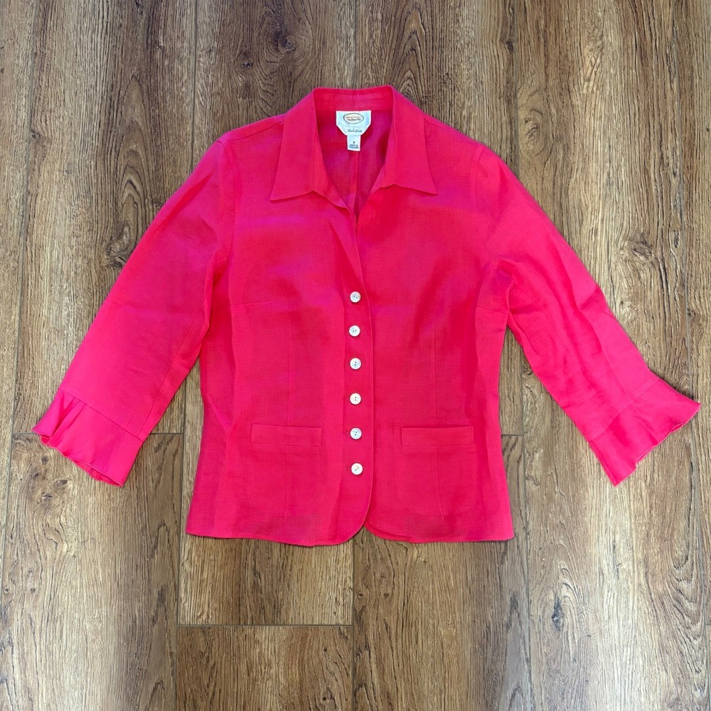 Talbots 100% Irish Linen Pink Button Front Ruffle Cuff Top Womens Size 8 Career