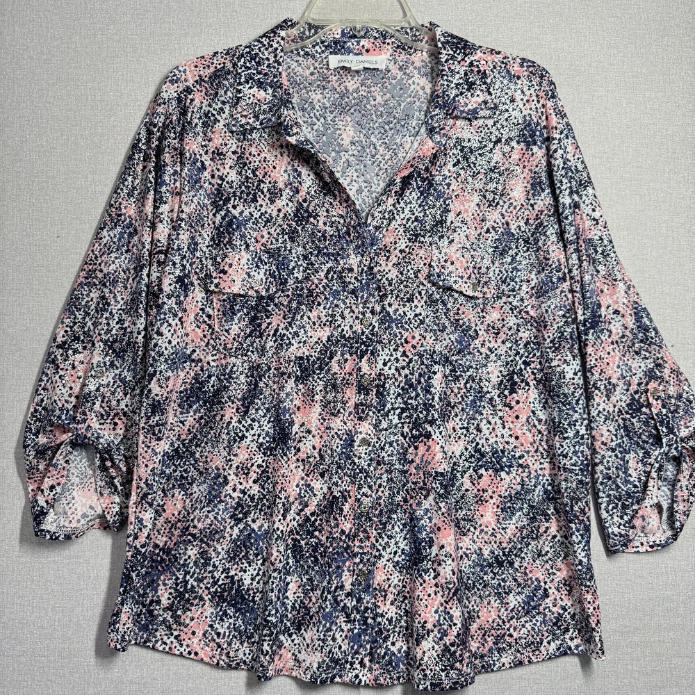 Emily Daniels Blouse Womens XL Multicolor Polka Dot Button 3/4 Sleeve Tunic Top