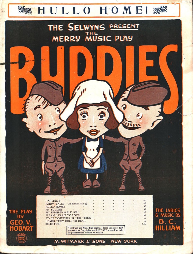 1919 WWI PLAY vintage Broadway sheet music BUDDIES 