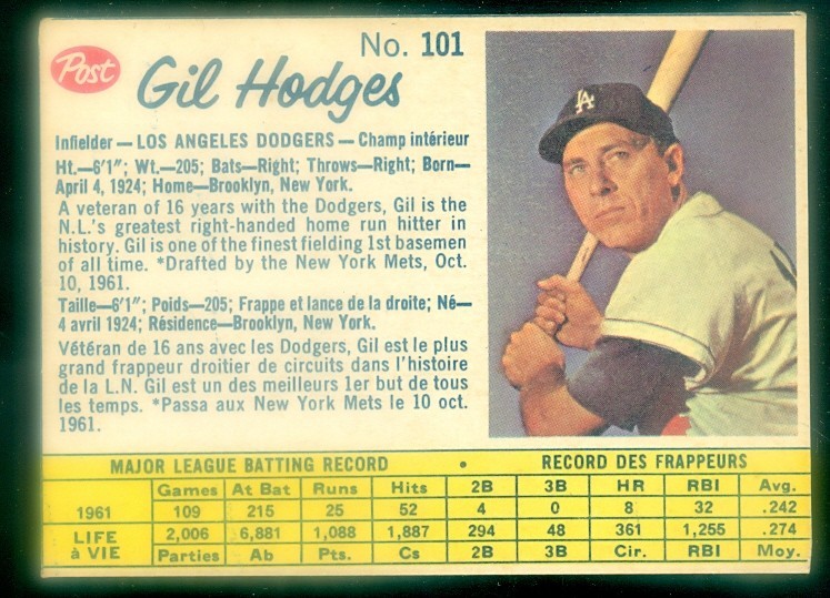 1962 POST CANADIAN #101 GIL HODGES EX