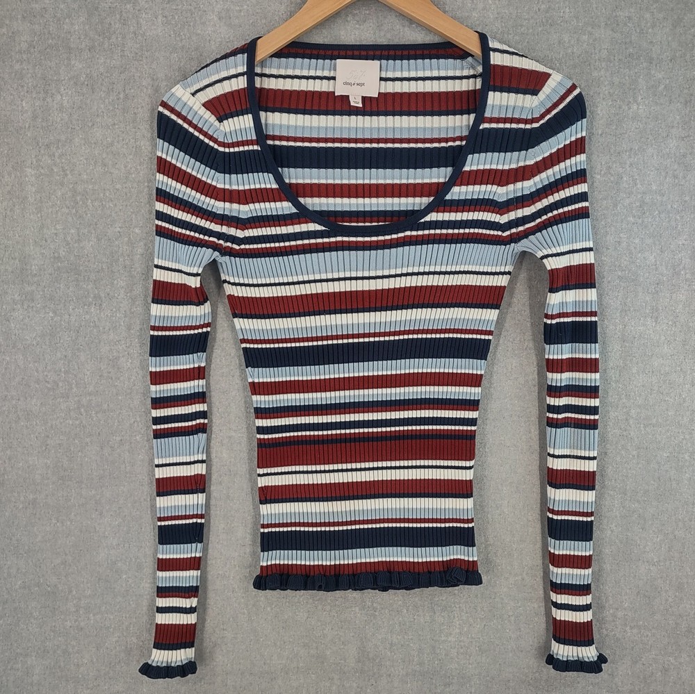 Cinq a Sept Top Womens Large Estella Striped Stretch Rib Knit Ruffle Hem Sweater
