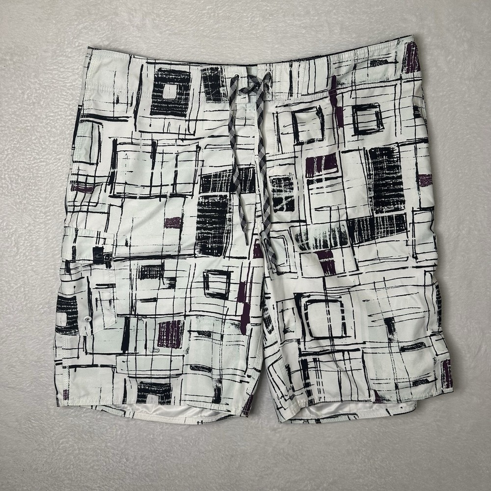 O'Neill Mens 38x10 Board Shorts White Black Abstract Plaid Graphic Surf Swim Y2K-image