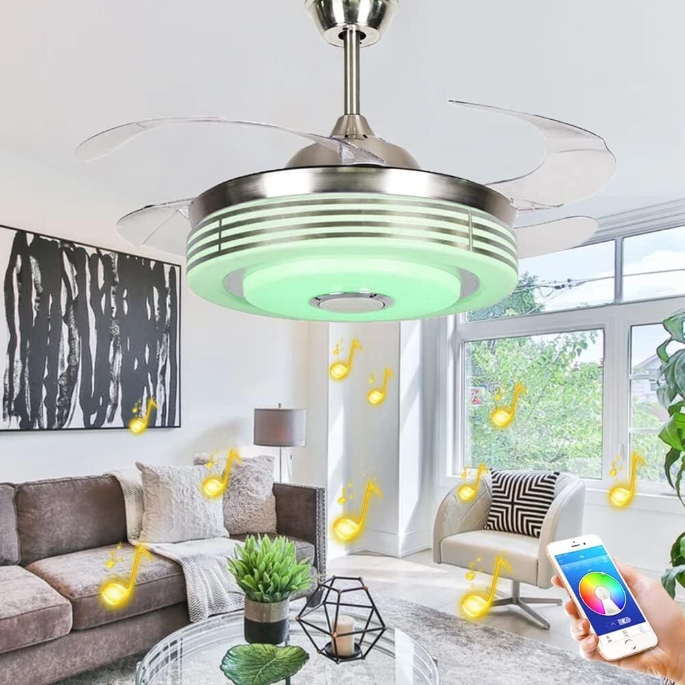 42'' Silver Ceiling Fan w/Bluetooth Speaker, Smart Dimmable 7-Color Chandelier