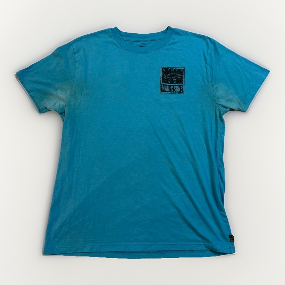 Maui and Sons T-Shirt LARGE Blue Crew Neck Classic Tee Print on back Surf Beach