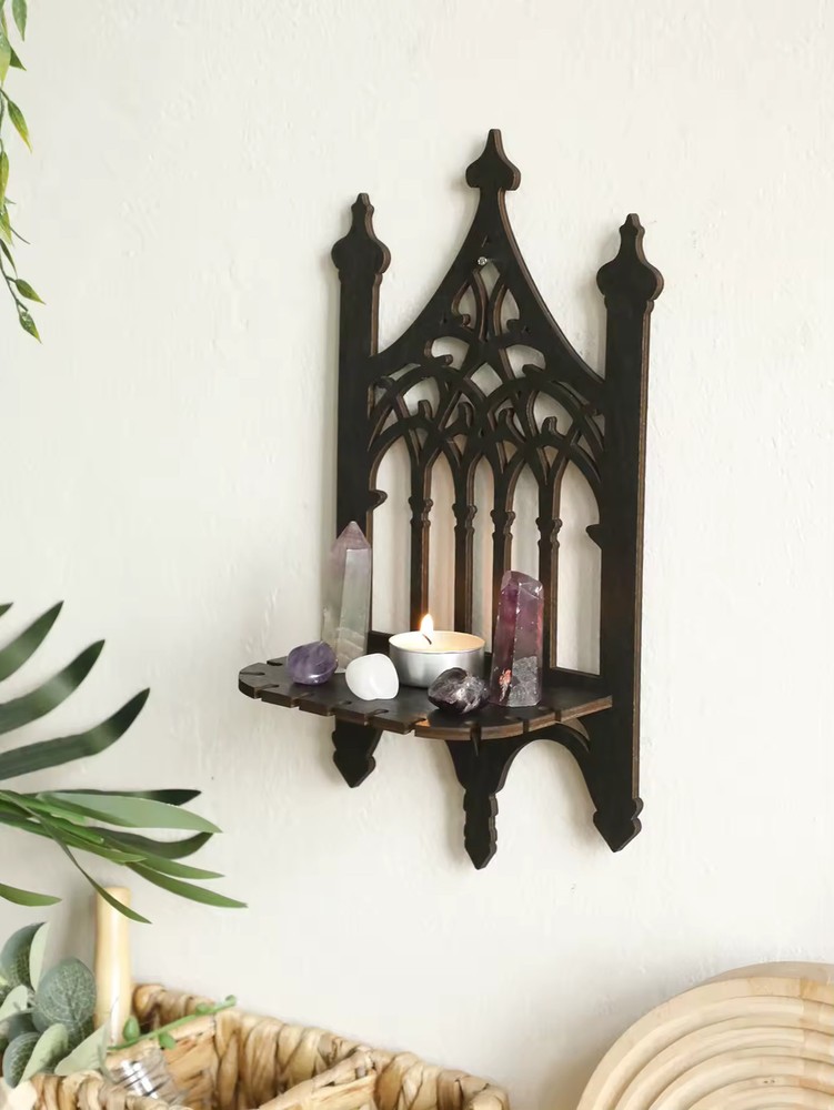 Black Gothic Wooden Floating Shelf Vintage Fence Crystal Holder Wall Decor