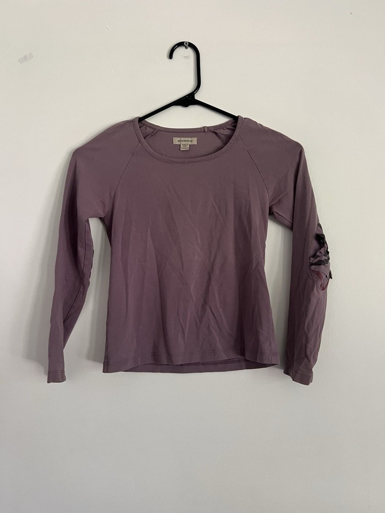 Burberry Girls Elbow Patch Purple Cotton Long Sleeve Shirt Size 7y FLAW