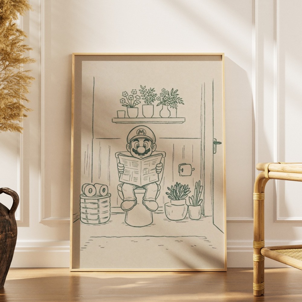 Funny Mario Reading Newspaper on Toilet Poster Print Wall Art Bathroom Decor