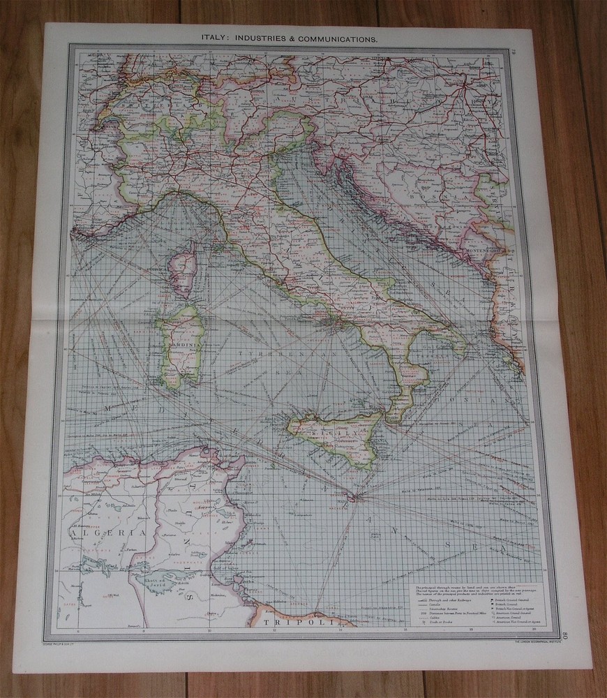 1908 Antique Map Of Italy Sicily Dalmatia Industry Transportation Ship Routes