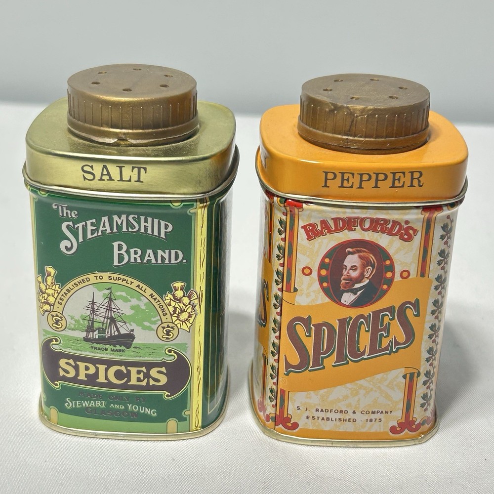 Tin Salt Pepper Shakers Radford’s Spices Steamship Brand VTG Collectible