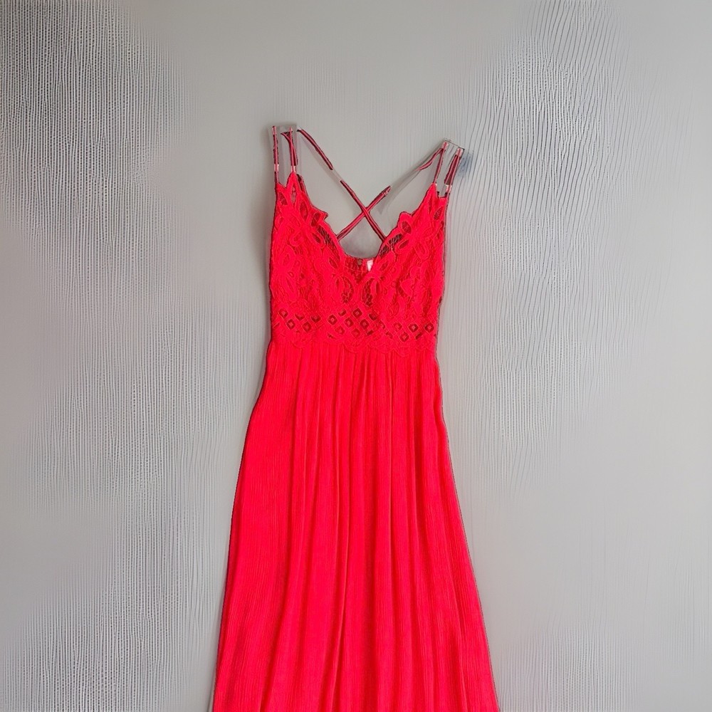 Free People FP One Adella Maxi Slip Dress Red Lace Boho Size L Crochet