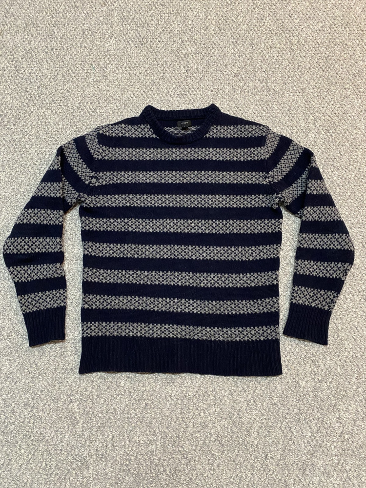 J.Crew Men’s Sweater 100% Lambs Wool Striped Pullover Crewneck Navy Gray Small