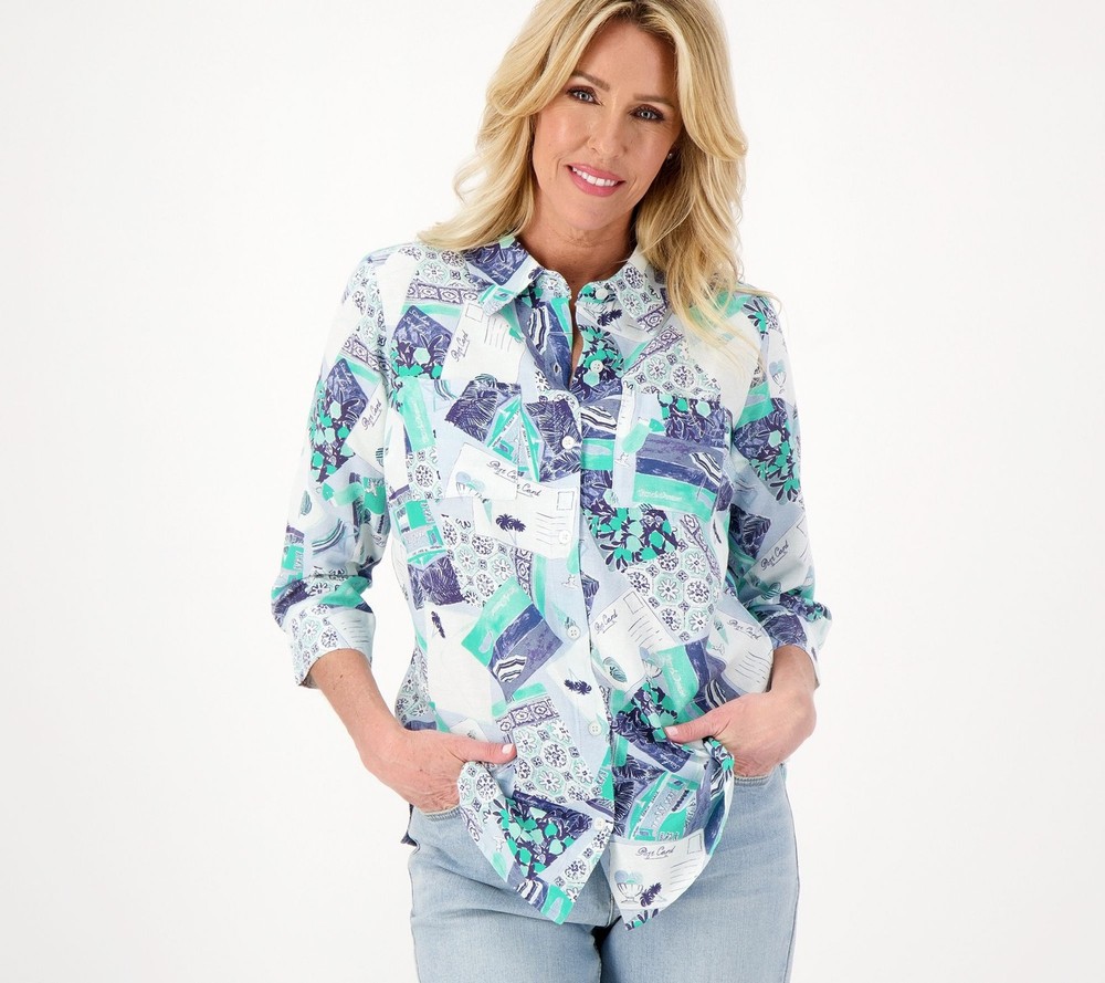 Fashion Women's Top Sz XS Denim & Co. Printed Cotton Linen Multi-colored A601456