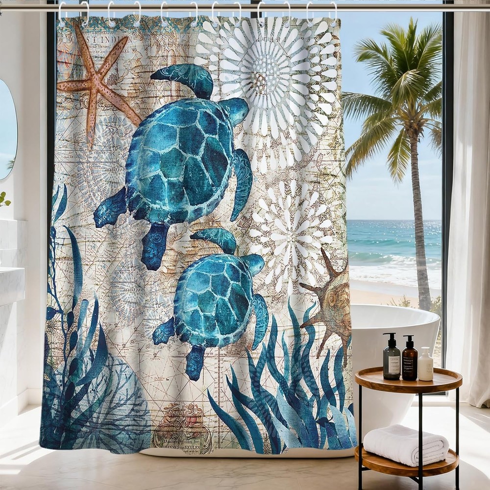 Nautical Green Sea Turtles Beach Theme Fabric Shower Curtain Sets Bathroom Blue