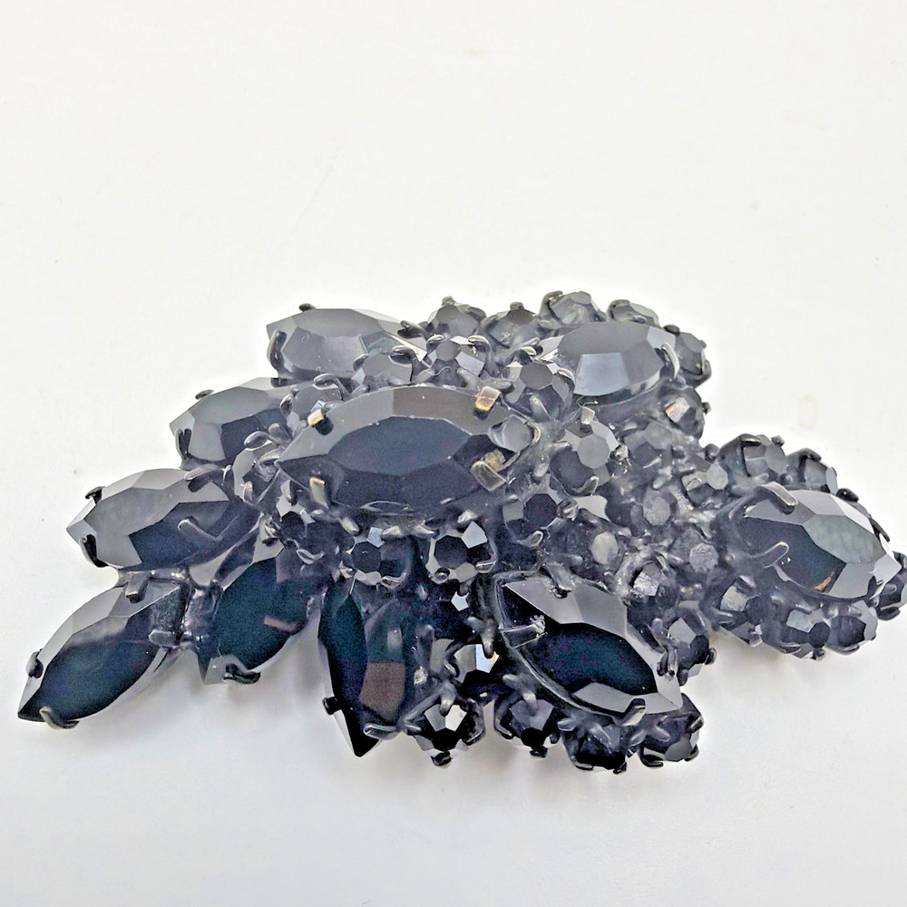 Vintage Black Glass Rhinestones Brooch Japan Finish