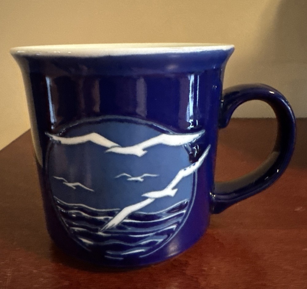 VTG Otagiri Blue Seagull Ocean Scene Embossed Ceramic Mug Japan 3.5 In