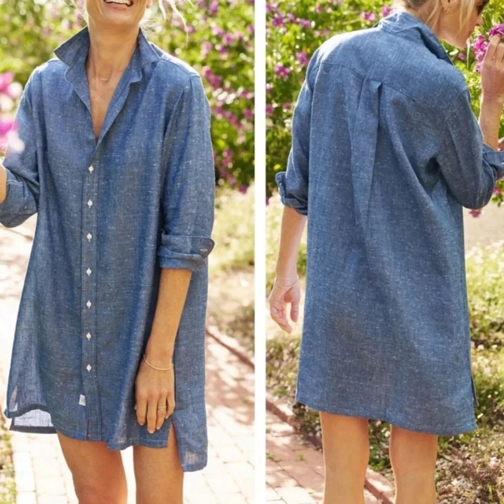 Frank & Eileen Murphy Denim Blue Linen Dress Casual Button Front Size Small